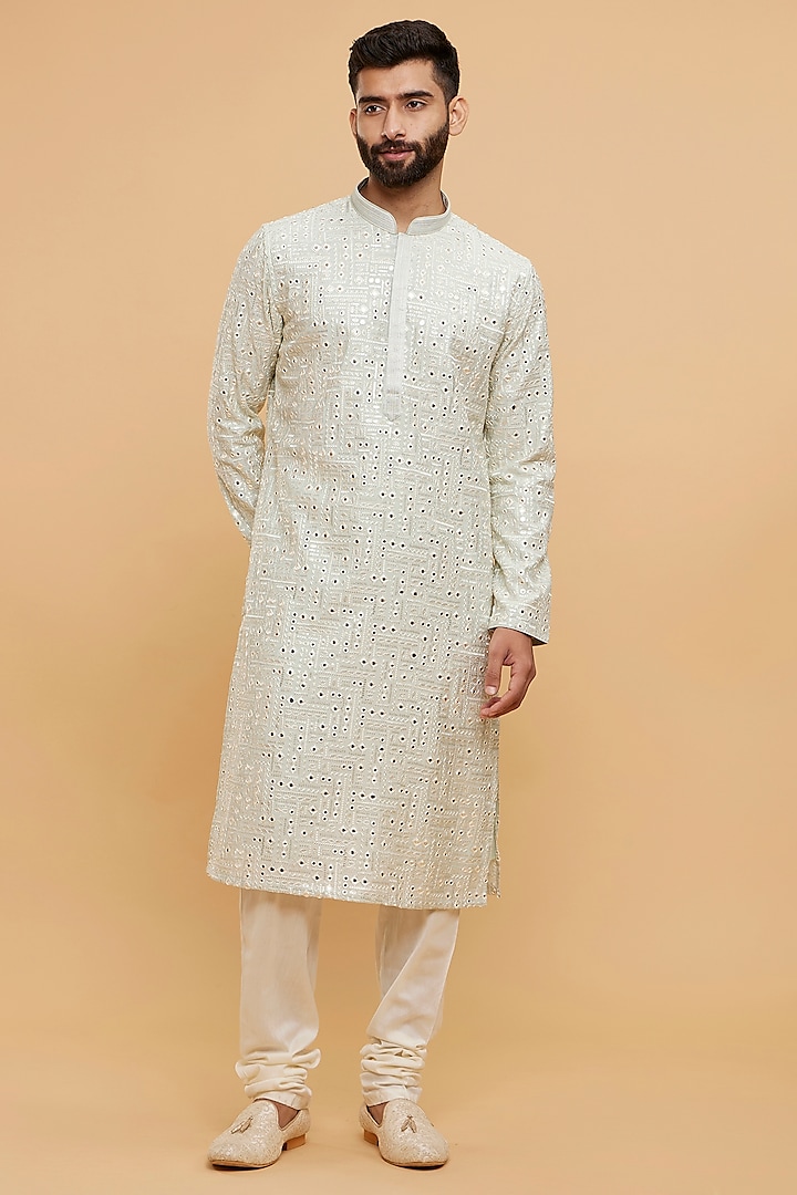 Green Blended Viscose Thread Embroidered Kurta Set by Twamev at Pernia's Pop Up Shop