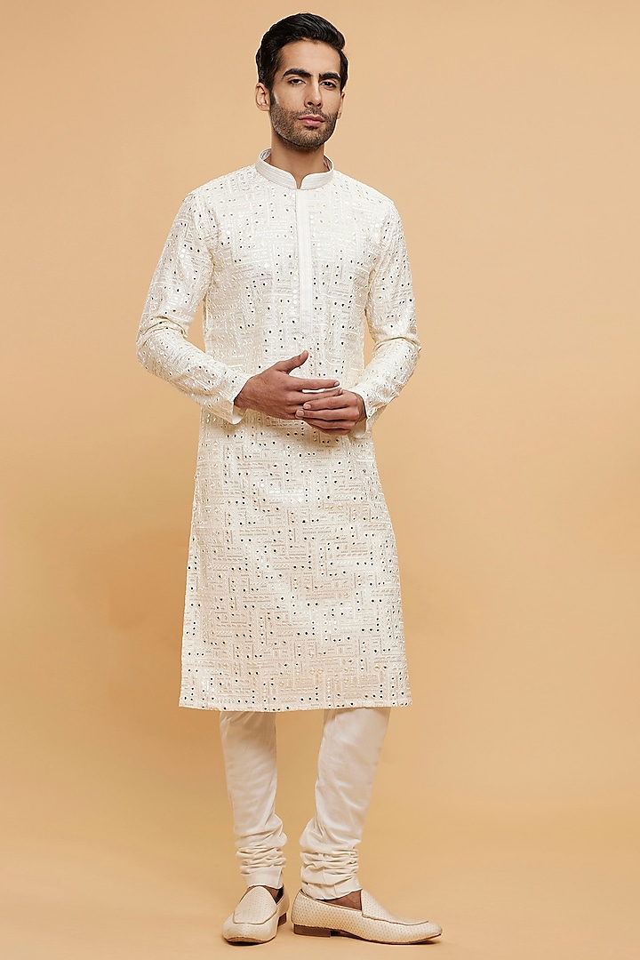 Warm White Blended Viscose Thread Embroidered Kurta Set by Twamev at Pernia's Pop Up Shop