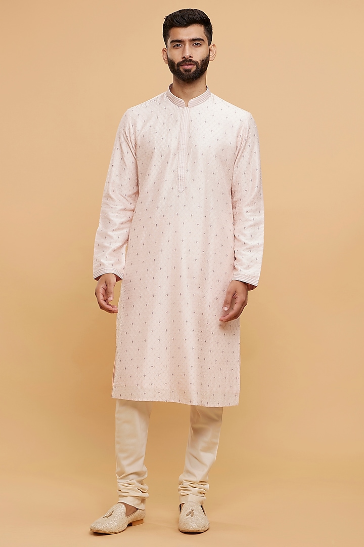 Peach Art Silk Thread Embroidered Kurta Set by Twamev at Pernia's Pop Up Shop