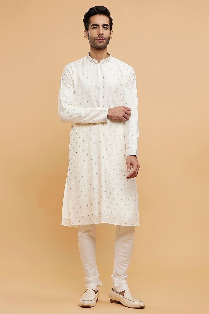 Warm White Art Silk Thread Embroidered Kurta Set by Twamev at Pernia's Pop Up Shop