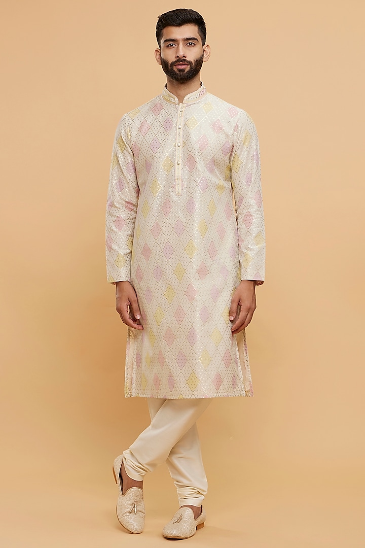 Beige Chanderi Thread Embroidered Kurta Set by Twamev