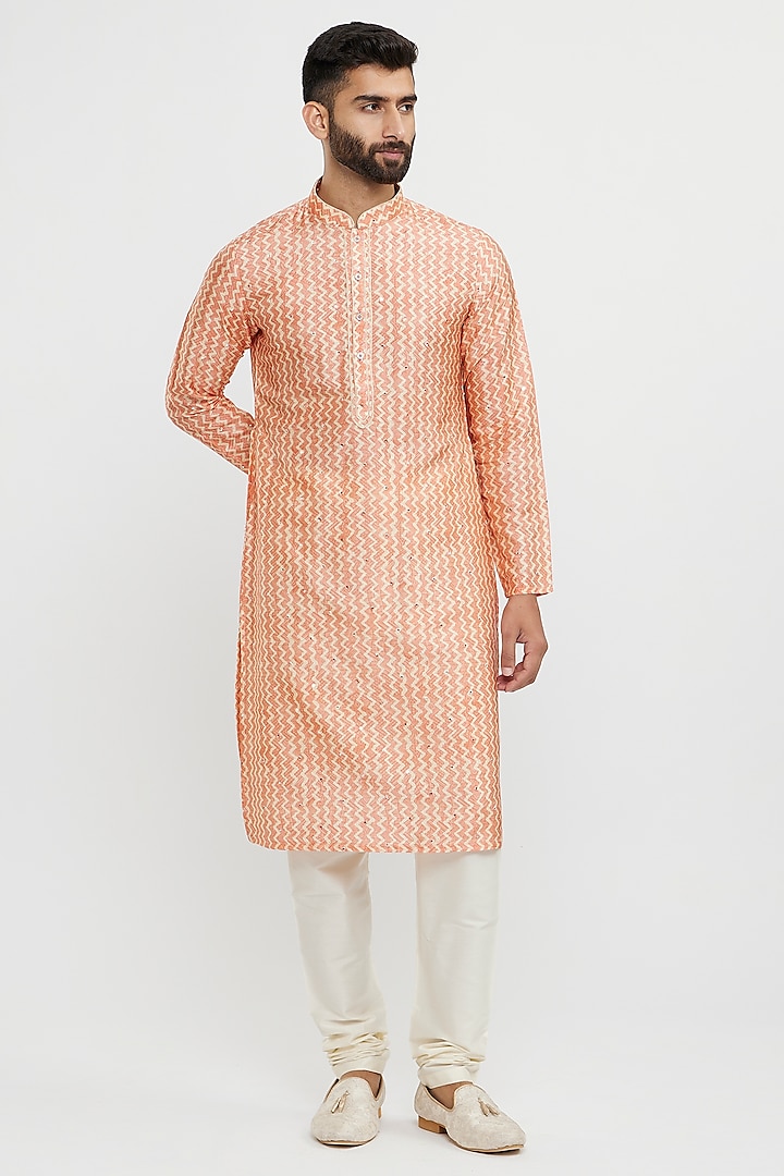 Peach Art Silk Printed & Thread Embroidered Kurta Set by Twamev at Pernia's Pop Up Shop