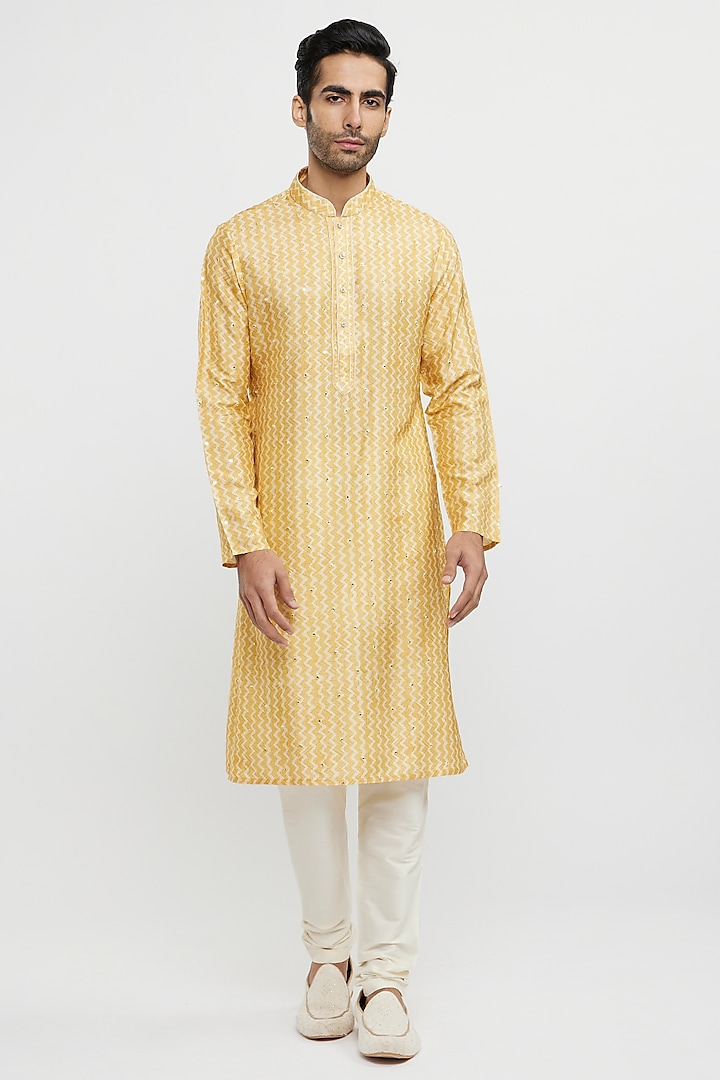 Mustard Art Silk Printed & Thread Embroidered Kurta Set by Twamev at Pernia's Pop Up Shop