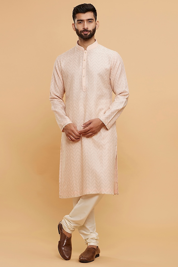 Peach Chanderi Thread Embroidered Kurta Set by Twamev