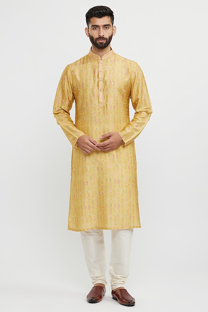 Mustard Art Silk Printed & Thread Embroidered Kurta Set by Twamev