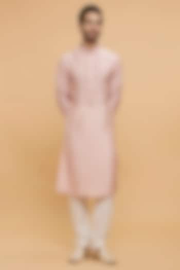 Peach Blended Rayon Thread Embroidered Kurta Set by Twamev at Pernia's Pop Up Shop