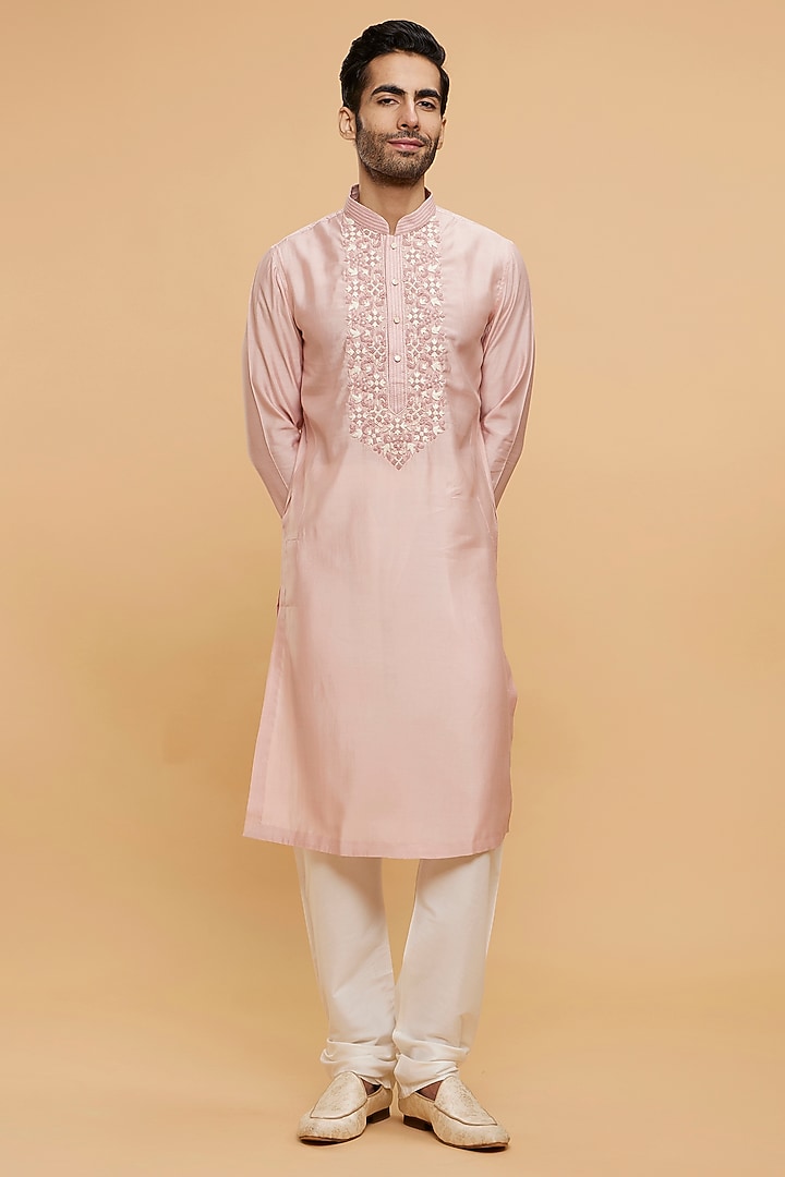 Peach Blended Rayon Thread Embroidered Kurta Set by Twamev at Pernia's Pop Up Shop