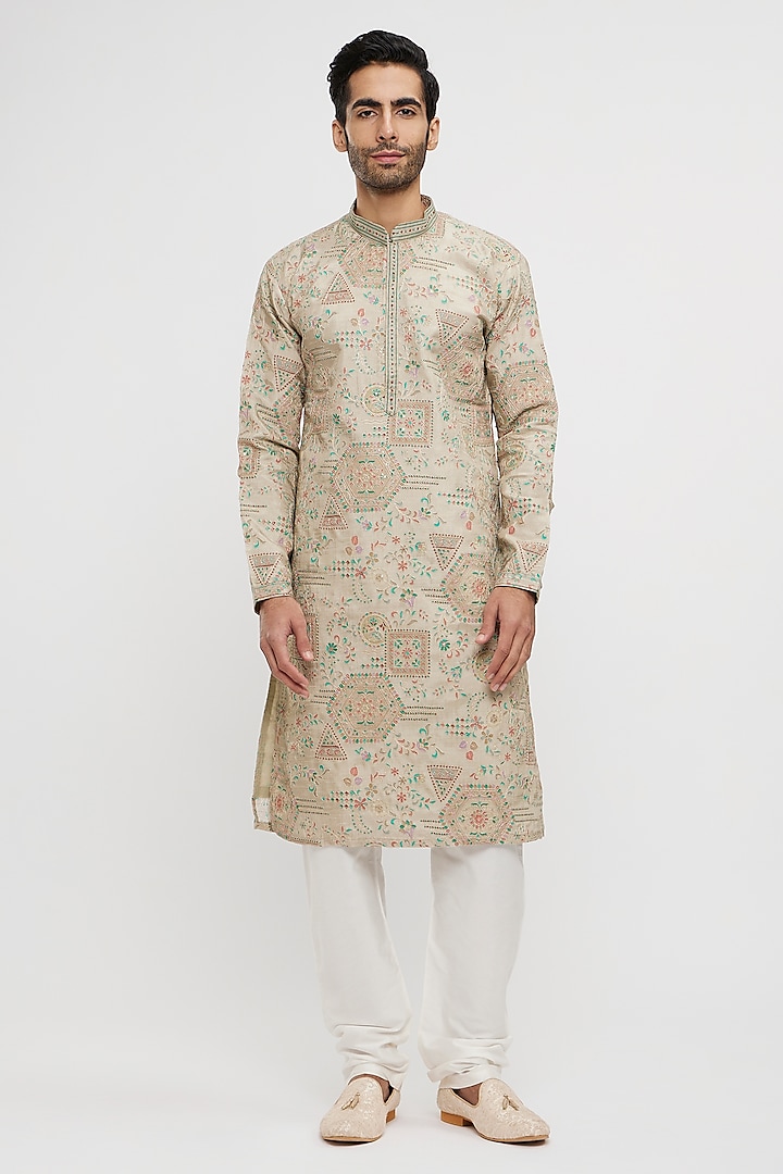 Beige Art Silk Printed & Thread Embroidered Kurta Set by Twamev at Pernia's Pop Up Shop