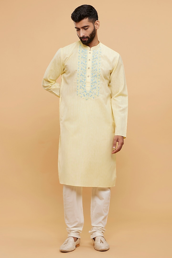 Yellow Blended Cotton Thread Embroidered Kurta Set by Twamev at Pernia's Pop Up Shop