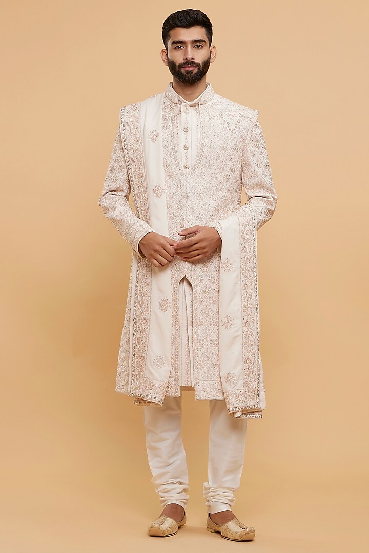 Pink Art Silk Thread Embroidered Wedding Sherwani Set by Twamev at Pernia's Pop Up Shop