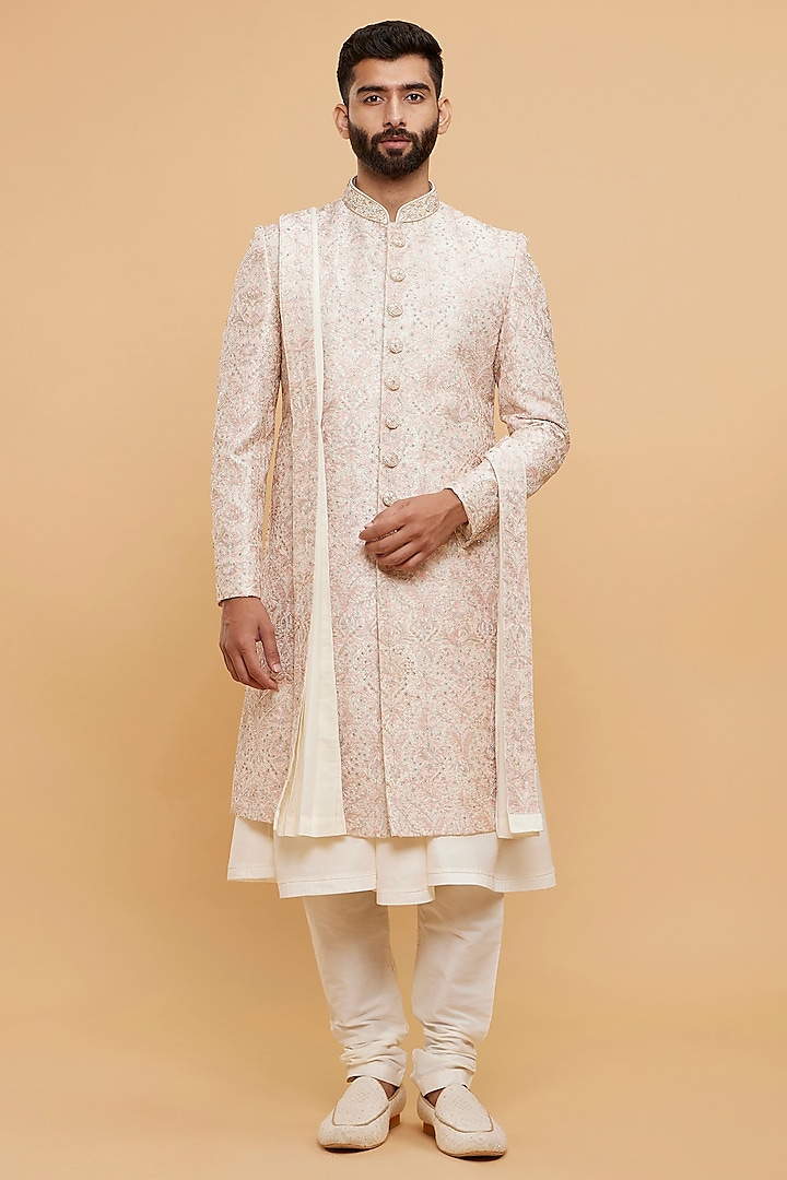 Cream Art Silk Thread Embroidered Wedding Sherwani Set by Twamev at Pernia's Pop Up Shop