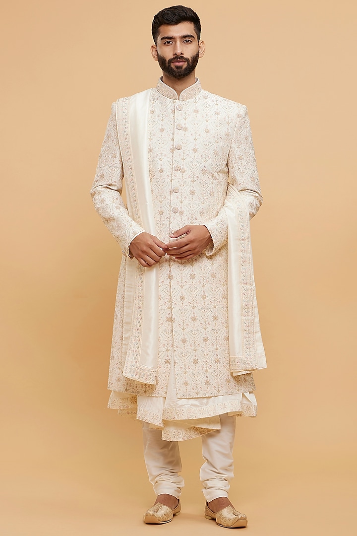 Cream Art Silk Thread Embroidered Wedding Sherwani Set by Twamev at Pernia's Pop Up Shop