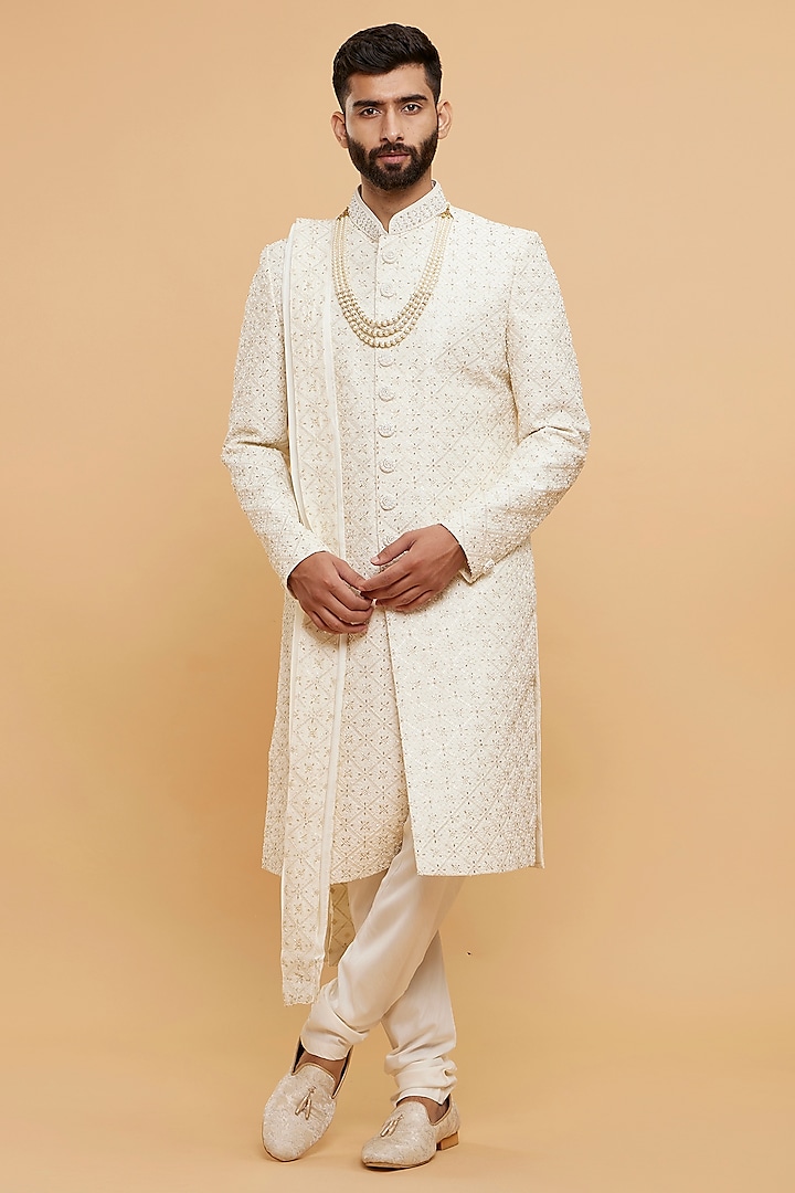 Warm White Art Silk Thread Embroidered Sherwani Set by Twamev