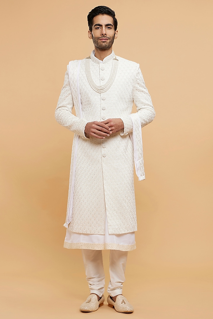 Warm White Georgette Thread Embroidered Wedding Sherwani Set by Twamev at Pernia's Pop Up Shop