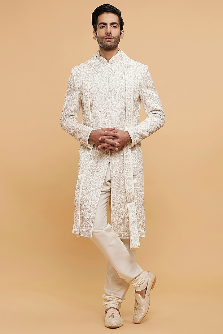 Cream Art Silk Thread Embroidered Wedding Sherwani Set by Twamev at Pernia's Pop Up Shop