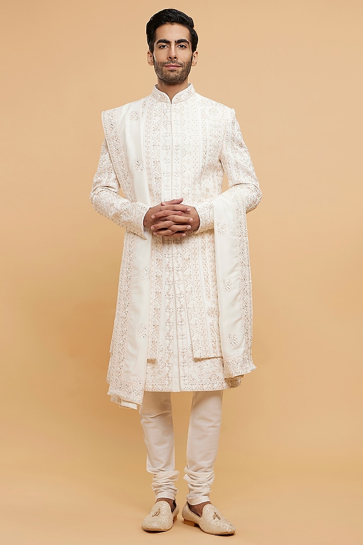 White Velvet Thread Embroidered Wedding Sherwani Set by Twamev at Pernia's Pop Up Shop