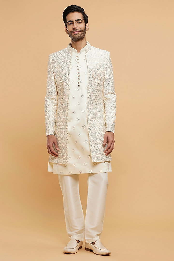 Cream Art Silk Thread Embroidered Wedding Sherwani Set by Twamev at Pernia's Pop Up Shop