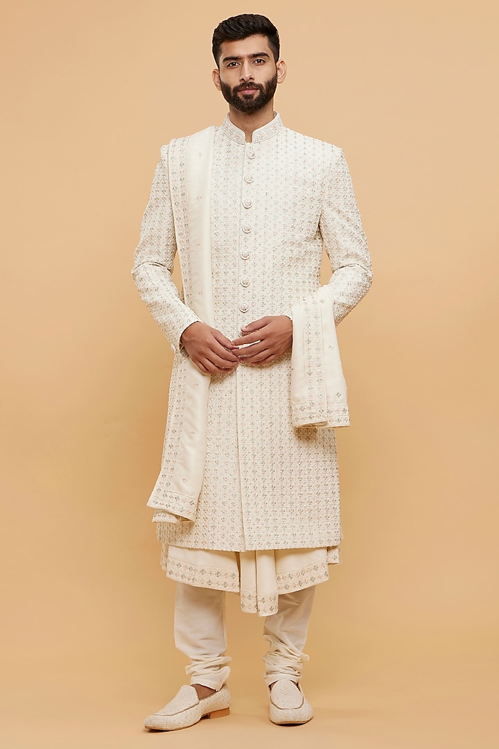 Cream Art Silk Thread Embroidered Sherwani Set by Twamev