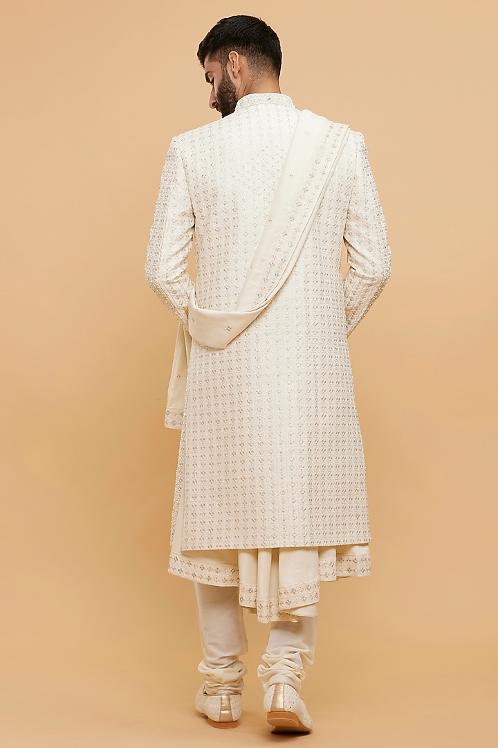 Cream Art Silk Thread Embroidered Wedding Sherwani Set by Twamev at Pernia's Pop Up Shop