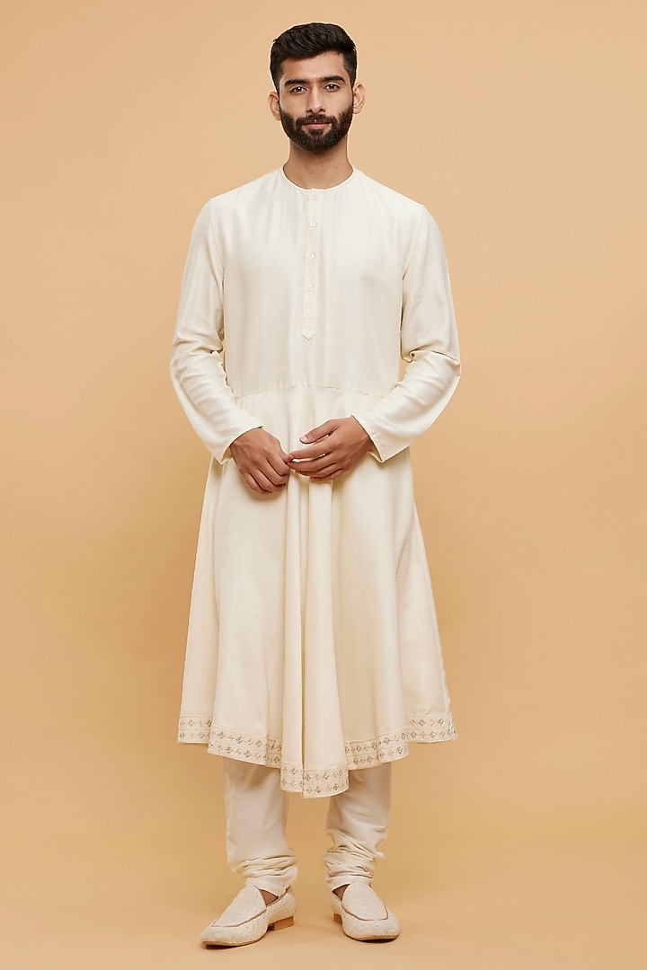 Cream Art Silk Thread Embroidered Wedding Sherwani Set by Twamev at Pernia's Pop Up Shop