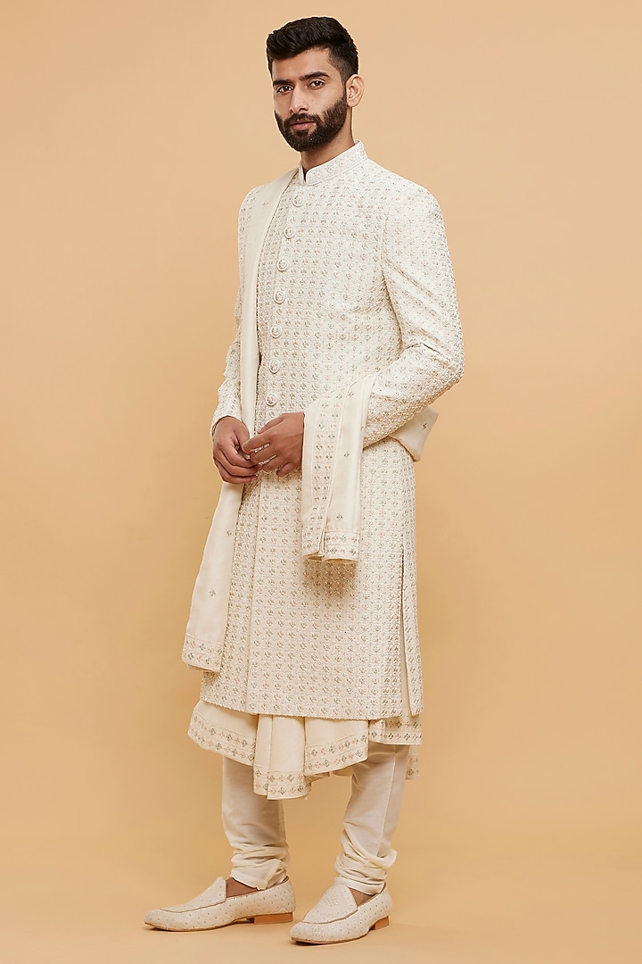 Cream Art Silk Thread Embroidered Wedding Sherwani Set by Twamev at Pernia's Pop Up Shop