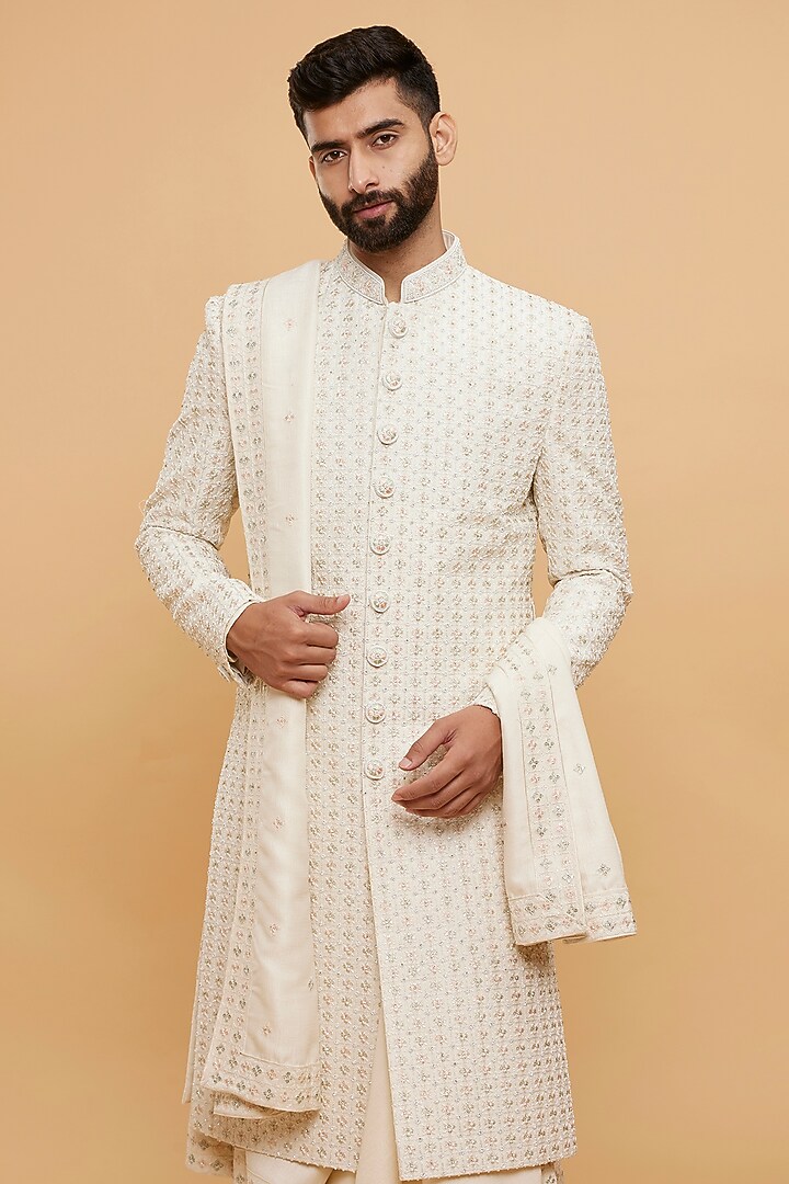 Cream Art Silk Thread Embroidered Wedding Sherwani Set by Twamev at Pernia's Pop Up Shop