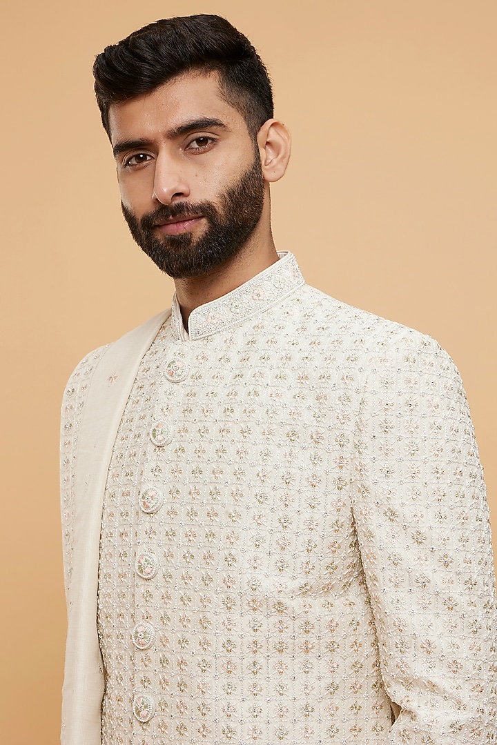 Cream Art Silk Thread Embroidered Wedding Sherwani Set by Twamev at Pernia's Pop Up Shop