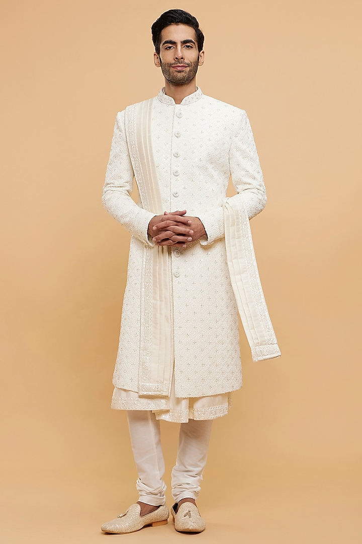 Warm White Art Silk Thread Embroidered Wedding Sherwani Set by Twamev at Pernia's Pop Up Shop