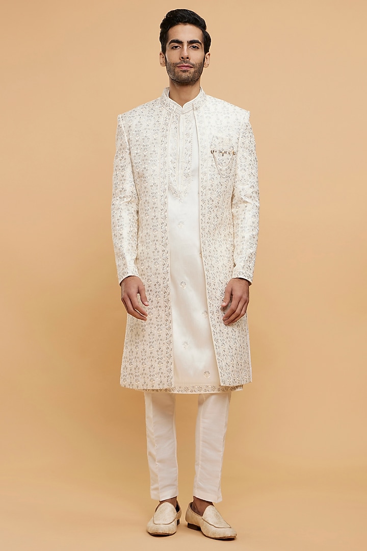 Warm White Art Silk Thread Embroidered Sherwani Set by Twamev