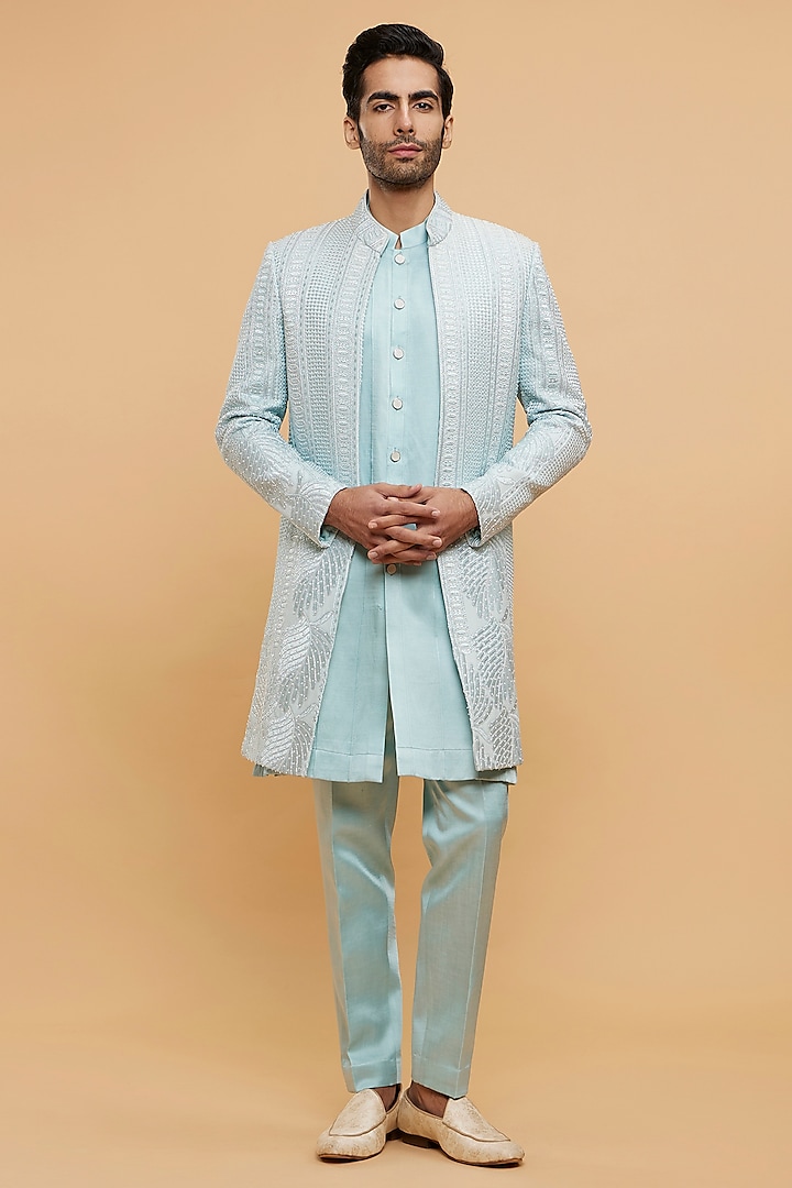 Blue Georgette Thread Embroidered Sherwani Set by Twamev