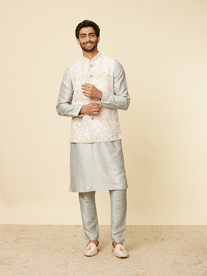 Grey Blended Cotton Digital Printed & Zari Embroidered Bundi Jacket Set by Twamev