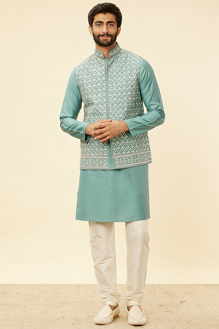 Green Blended Viscose Embroidered Bundi Jacket Set by Twamev at Pernia's Pop Up Shop