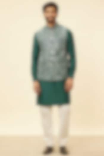 Green Blended Viscose Embroidered Bundi Jacket Set by Twamev at Pernia's Pop Up Shop