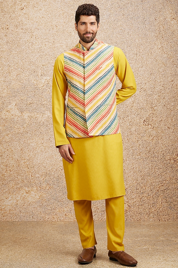 Yellow Art Silk Digital Printed Bundi Jacket Set by Twamev at Pernia's Pop Up Shop