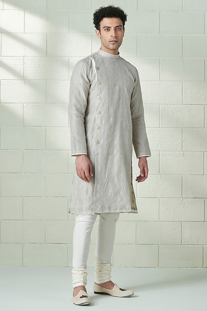 Grey Blended Viscose Zari Embroidered Kurta Set by Twamev at Pernia's Pop Up Shop