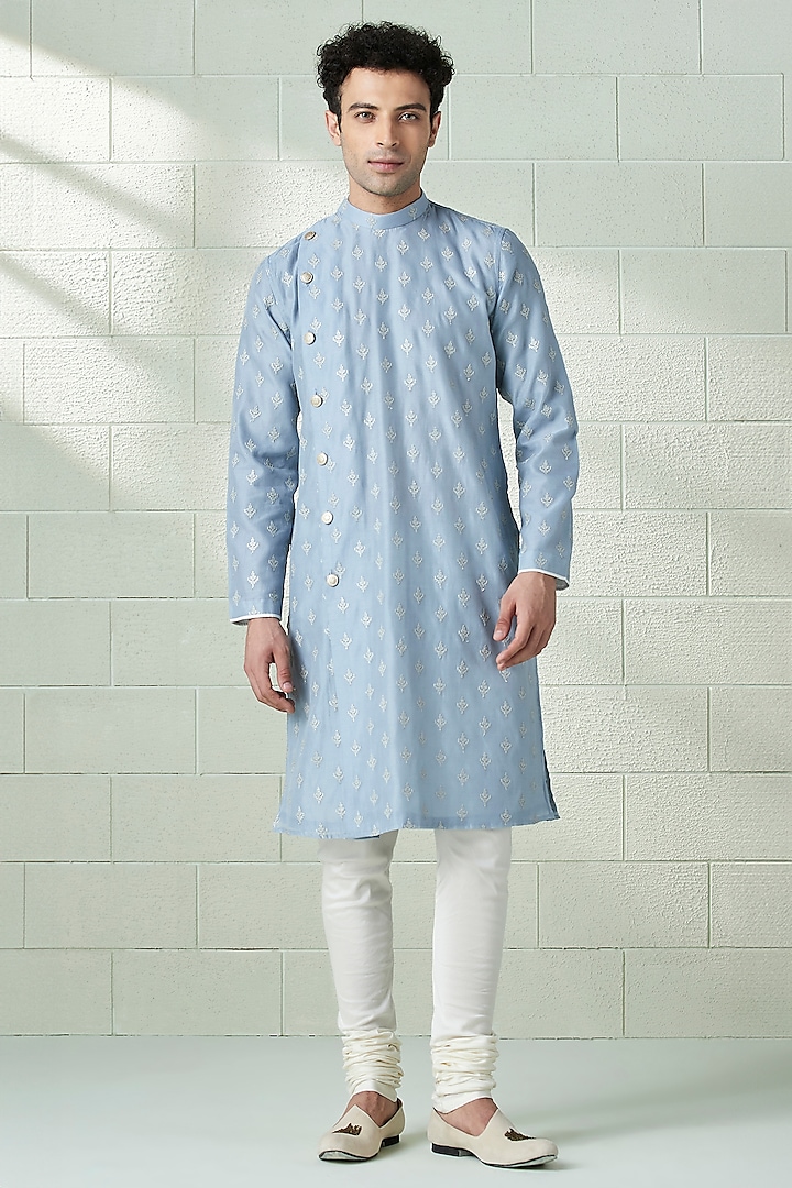 Blue Blended Viscose Zari Embroidered Kurta Set by Twamev at Pernia's Pop Up Shop