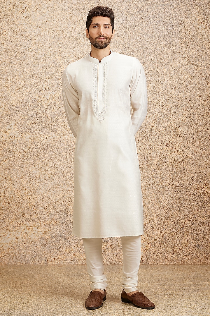 White Blended Viscose & Jacquard Hand Embroidered Kurta Set by Twamev at Pernia's Pop Up Shop