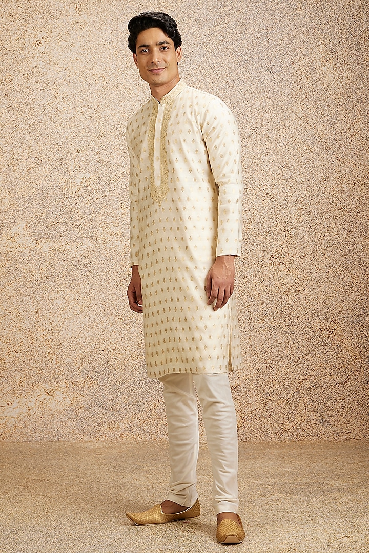 Cream Blended Viscose Zardosi Hand Embroidered Kurta Set by Twamev at Pernia's Pop Up Shop