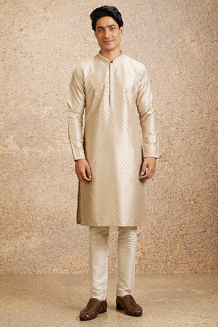 Beige Art Silk Embroidered Kurta Set by Twamev at Pernia's Pop Up Shop