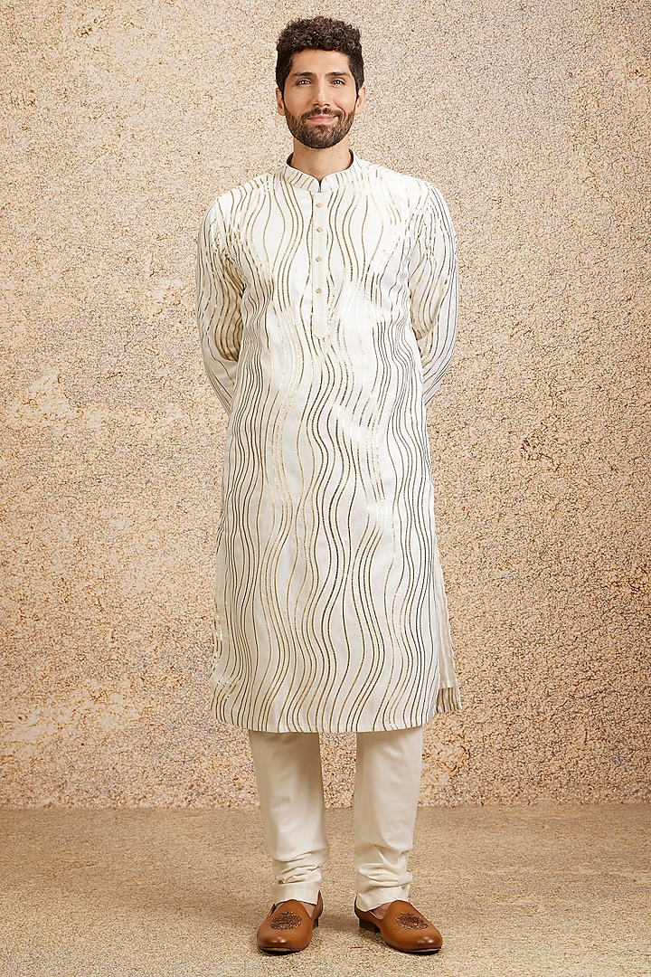 Warm White Art Silk Zari Embroidered Kurta Set by Twamev at Pernia's Pop Up Shop