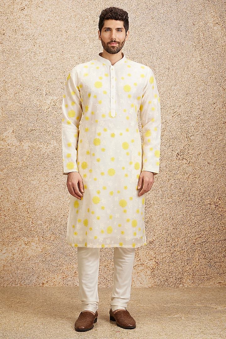 Cream Chanderi Cutwork Embroidered Kurta Set by Twamev at Pernia's Pop Up Shop