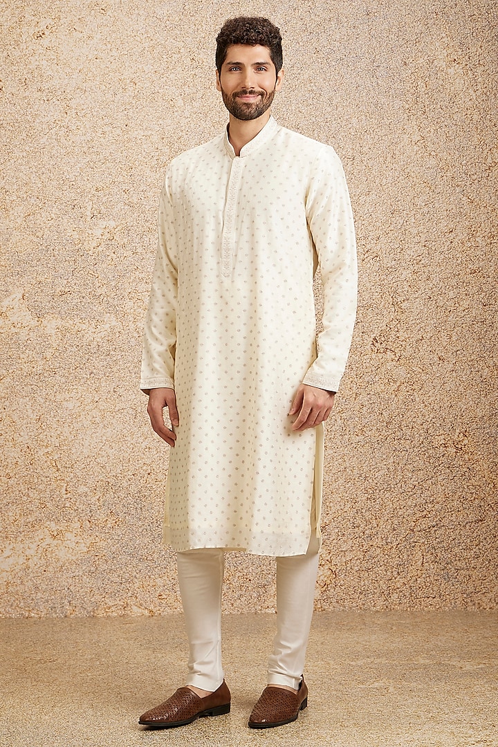 Warm White Art Silk Embroidered Kurta Set by Twamev at Pernia's Pop Up Shop