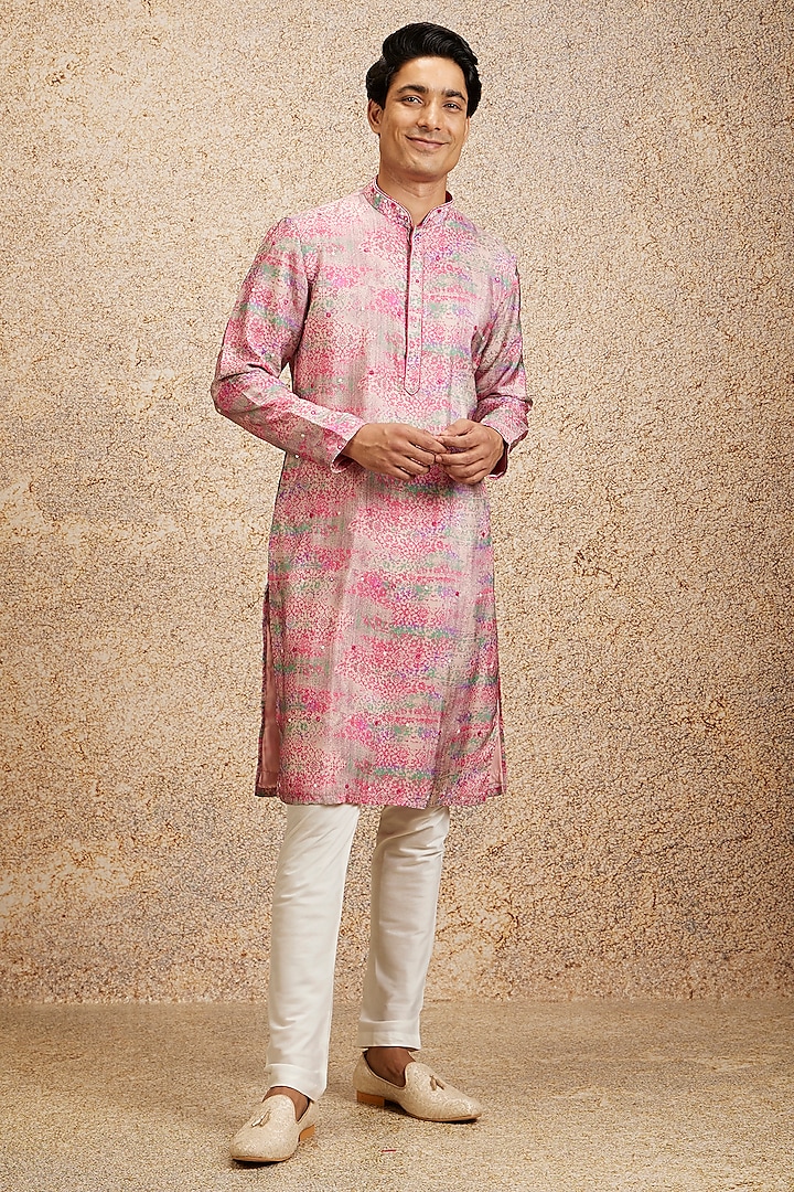 Pink Art Silk Digital Printed & Mirror Work Kurta Set by Twamev at Pernia's Pop Up Shop