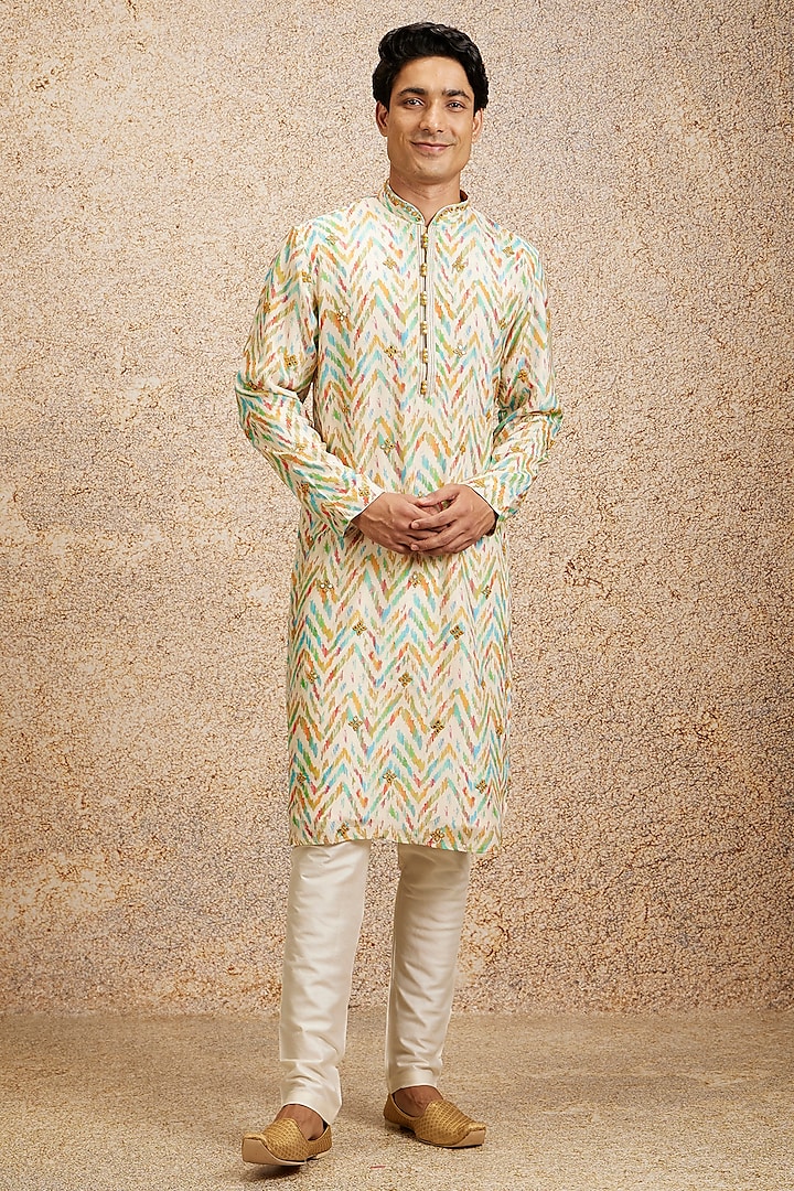 Beige Rayon Digital Printed & Mirror Work Kurta Set by Twamev