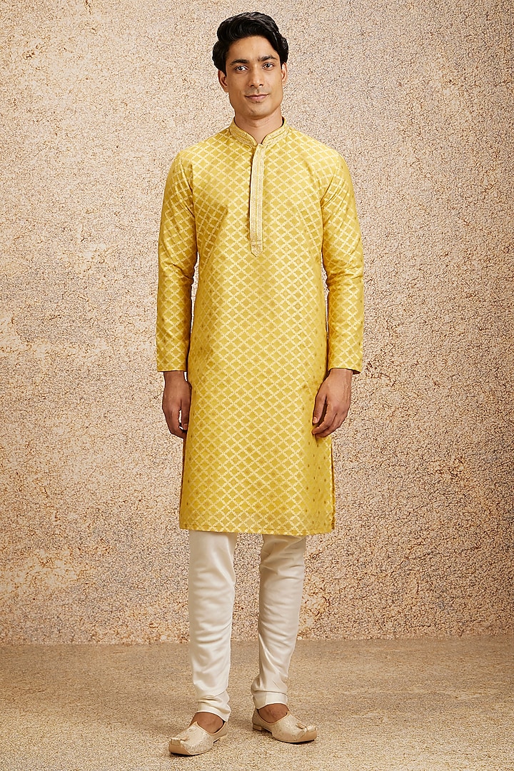 Mustard Blended Cotton Zari Embroidered Kurta Set by Twamev at Pernia's Pop Up Shop