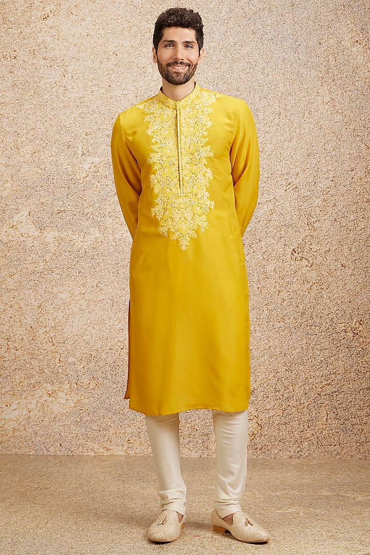 Mustard Art Silk Embroidered Kurta Set by Twamev