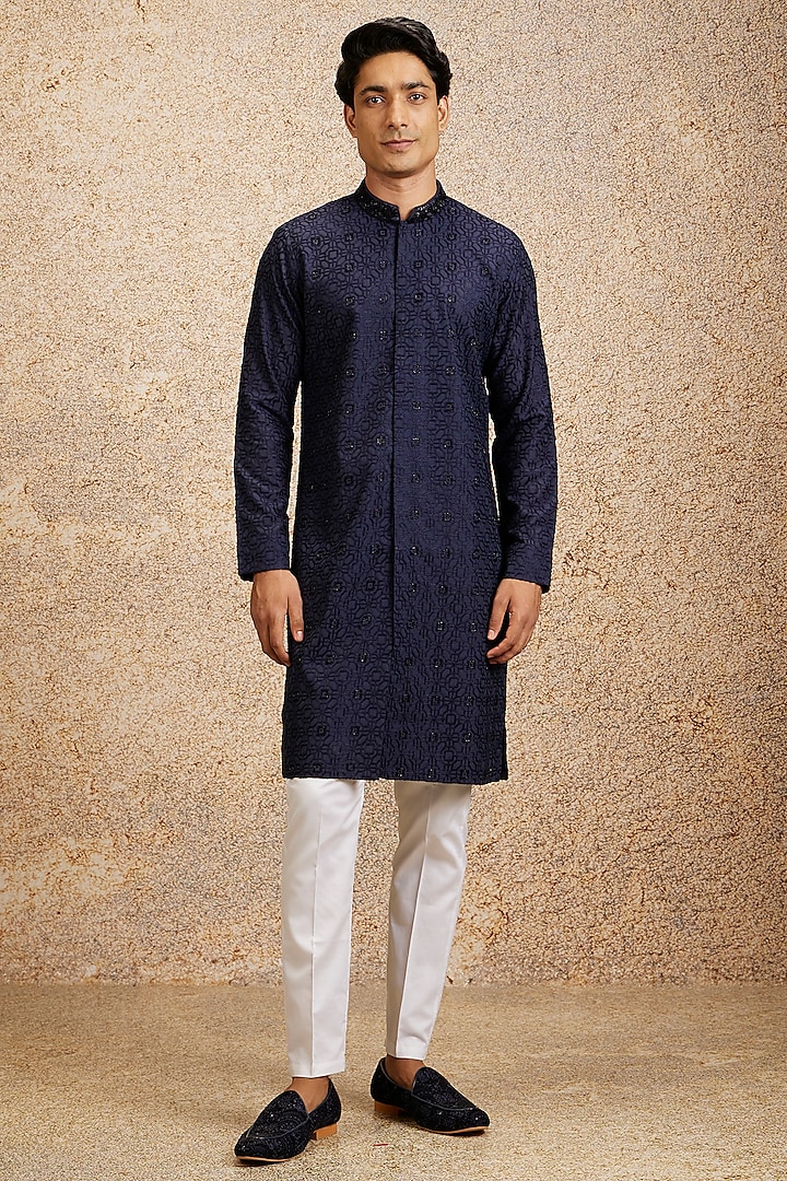 Blue Blended Viscose Cutdana Hand Embroidered Kurta Set by Twamev at Pernia's Pop Up Shop