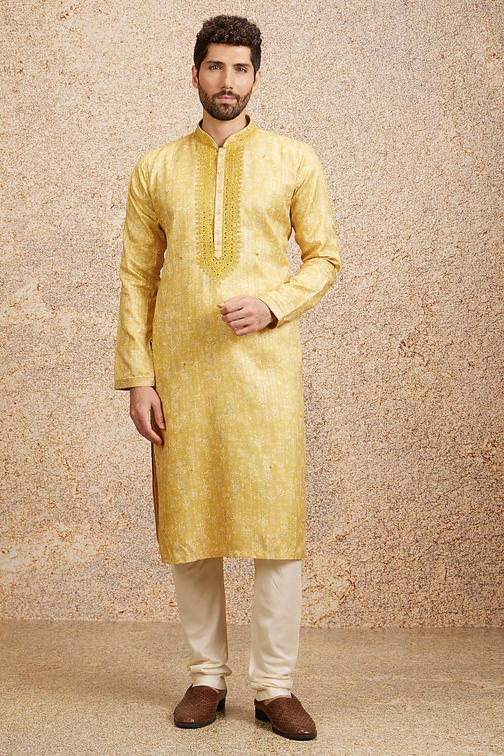 Yellow Art Silk Mirror Work & Printed Kurta Set by Twamev at Pernia's Pop Up Shop