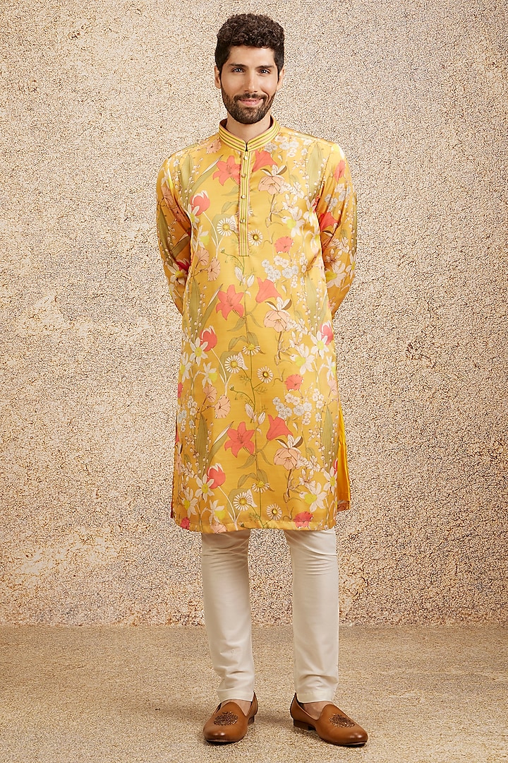 Mustard Art Silk Digital Printed & Embroidered Kurta Set by Twamev at Pernia's Pop Up Shop