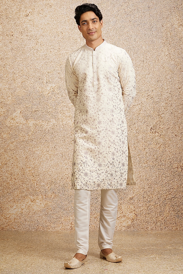 Purple & Cream Blended Viscose Embroidered Kurta Set by Twamev at Pernia's Pop Up Shop